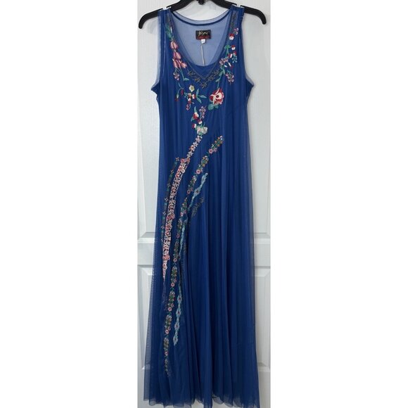 Johnny Was Biya M Mazzy Bias Blue Mesh Maxi Dress Colorful Floral Embroidery - Picture 2 of 14